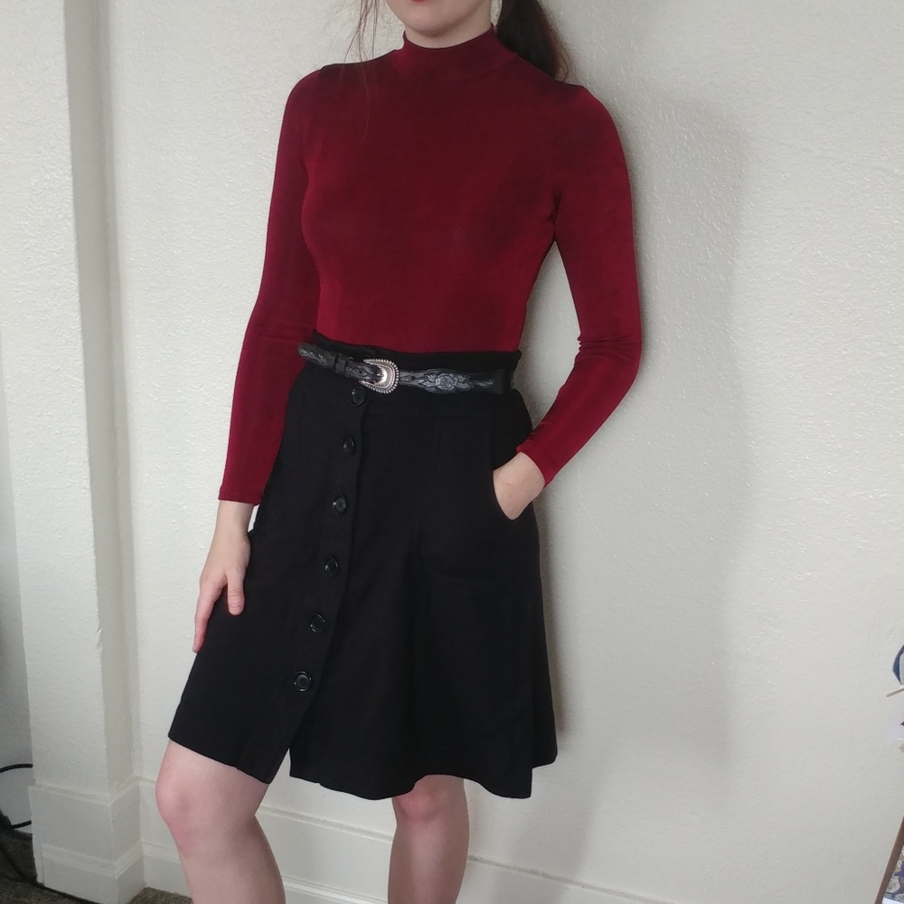 Stretchy Knit A Line Button Up Skirt w Pockets